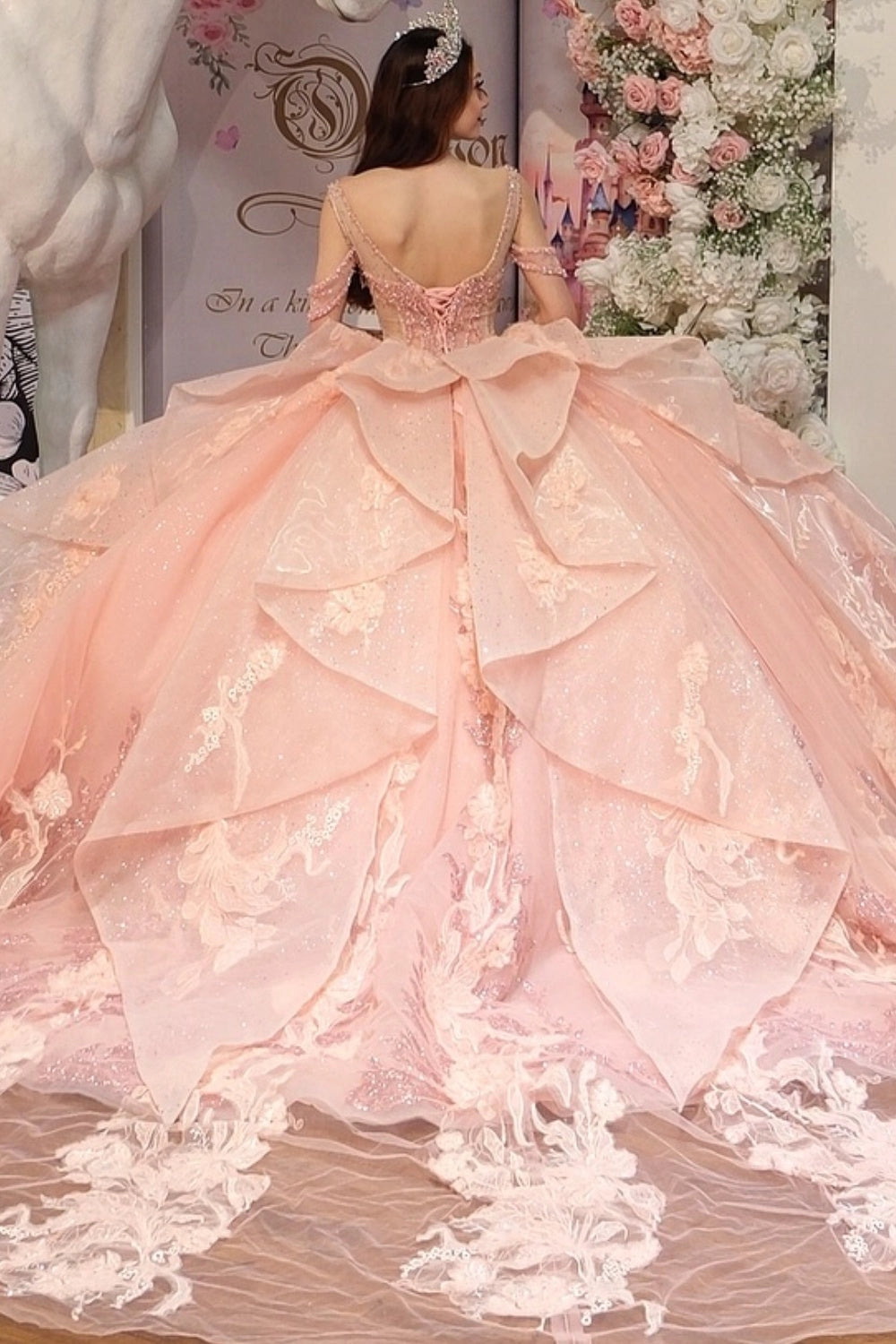 Peach Pink Ball Gown Off‑Shoulder Sweetheart Corset Back Layered Long Train Quinceanera Dress