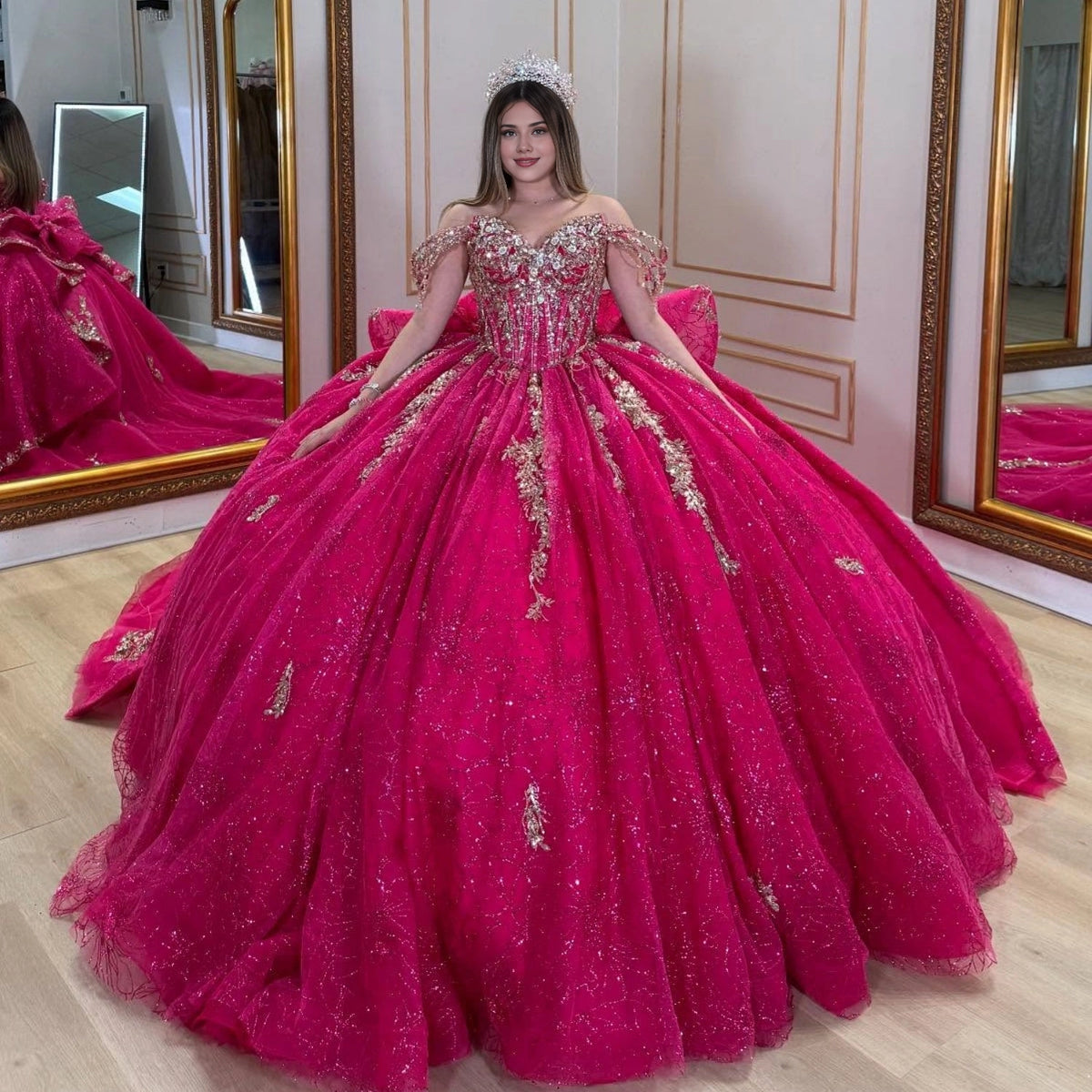Glitter Ballgown Off‑The‑Shoulder Corset‑Back Big‑Bow Floor‑Train‑Length Quinceanera Dress