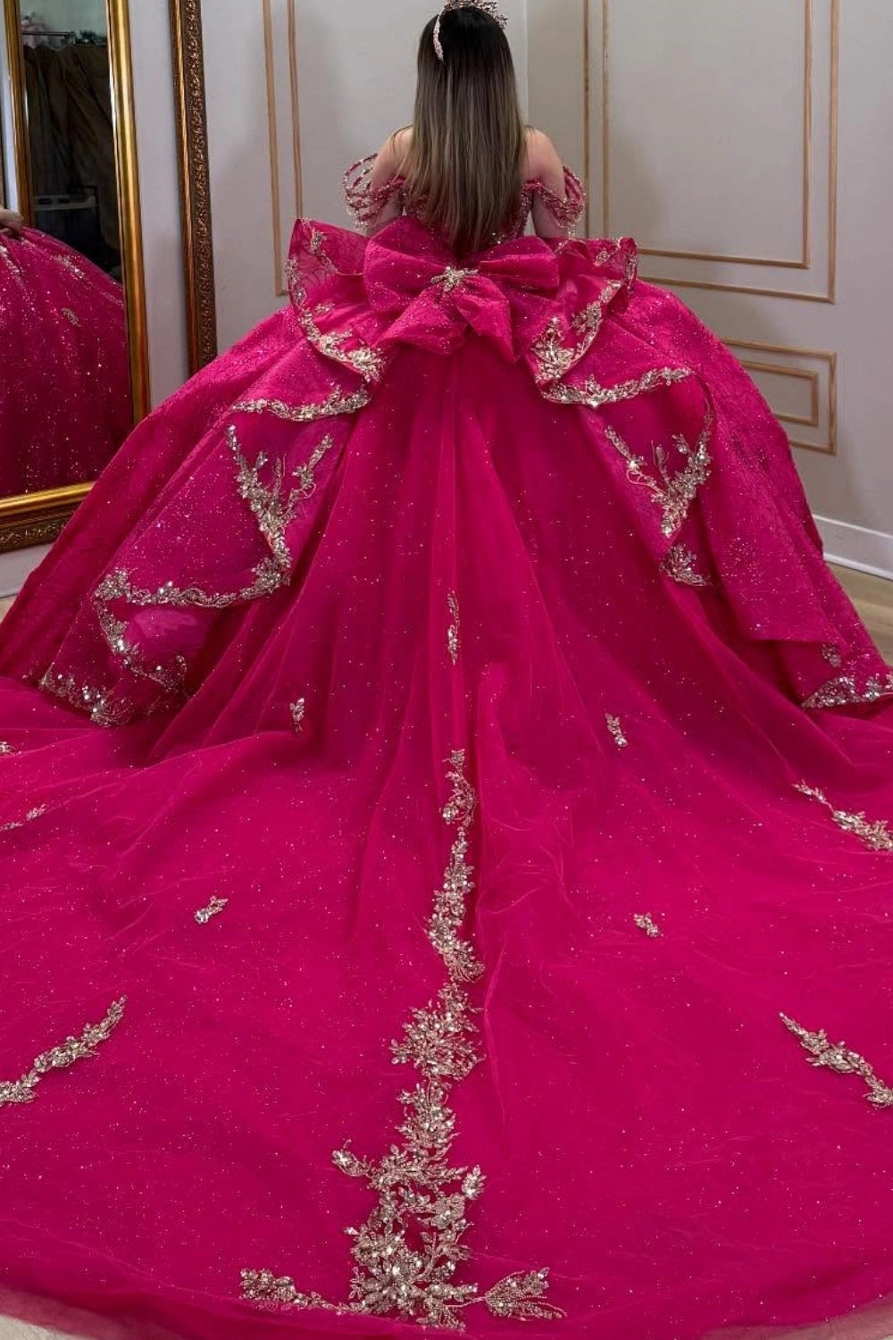 Glitter Ballgown Off‑The‑Shoulder Corset‑Back Big‑Bow Floor‑Train‑Length Quinceanera Dress