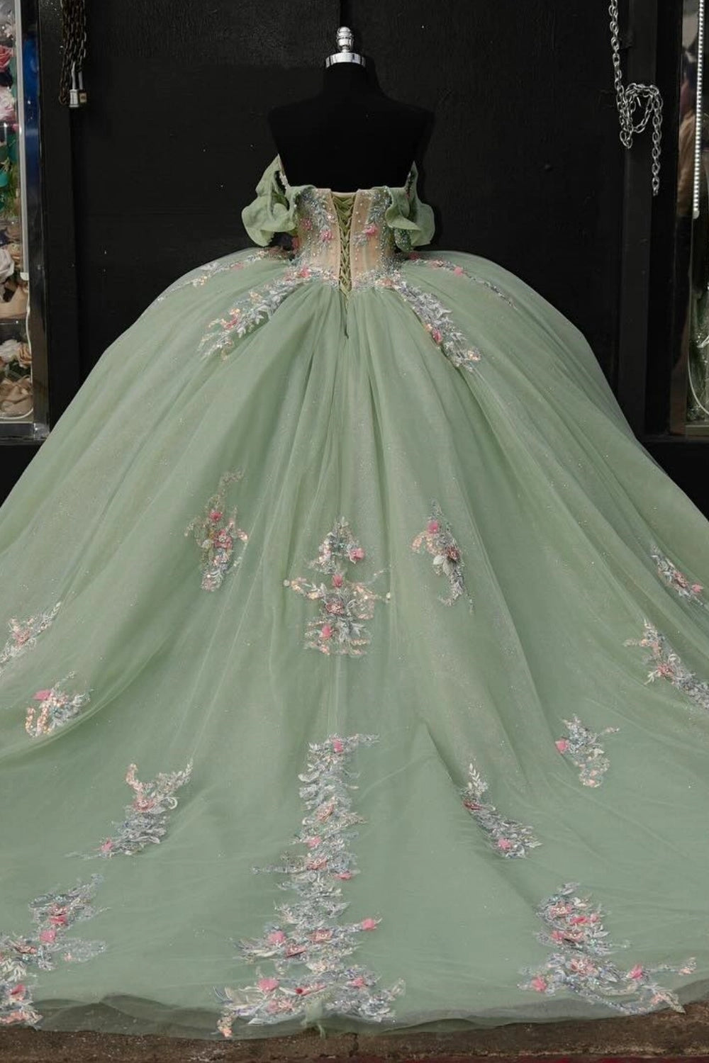 Sage Green Glitter Tulle Ball Gown Off‑Shoulder Puff Sleeve 3D Floral Lace‑Up Back Long Train Quinceanera Dress
