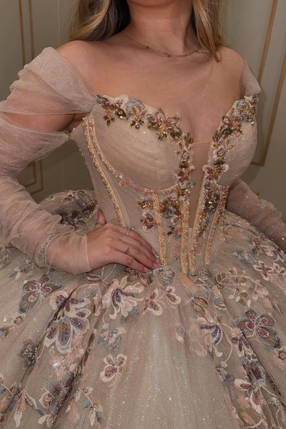 Champagne Glitter Tulle Ball Gown Off‑Shoulder Long Sheer Sleeve Floral Lace‑Up Back Cathedral Train Quinceanera Dress