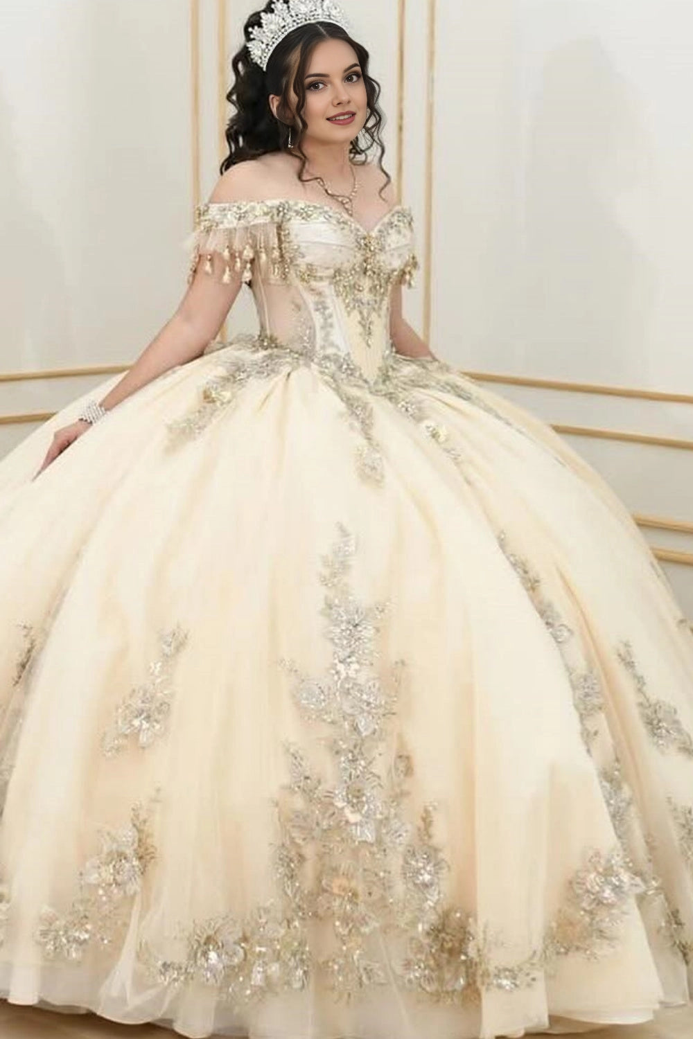 Luxury Ball Gown Off Shoulder Short Sleeve Lace‑Up Back Sweep Train Quinceanera Dress