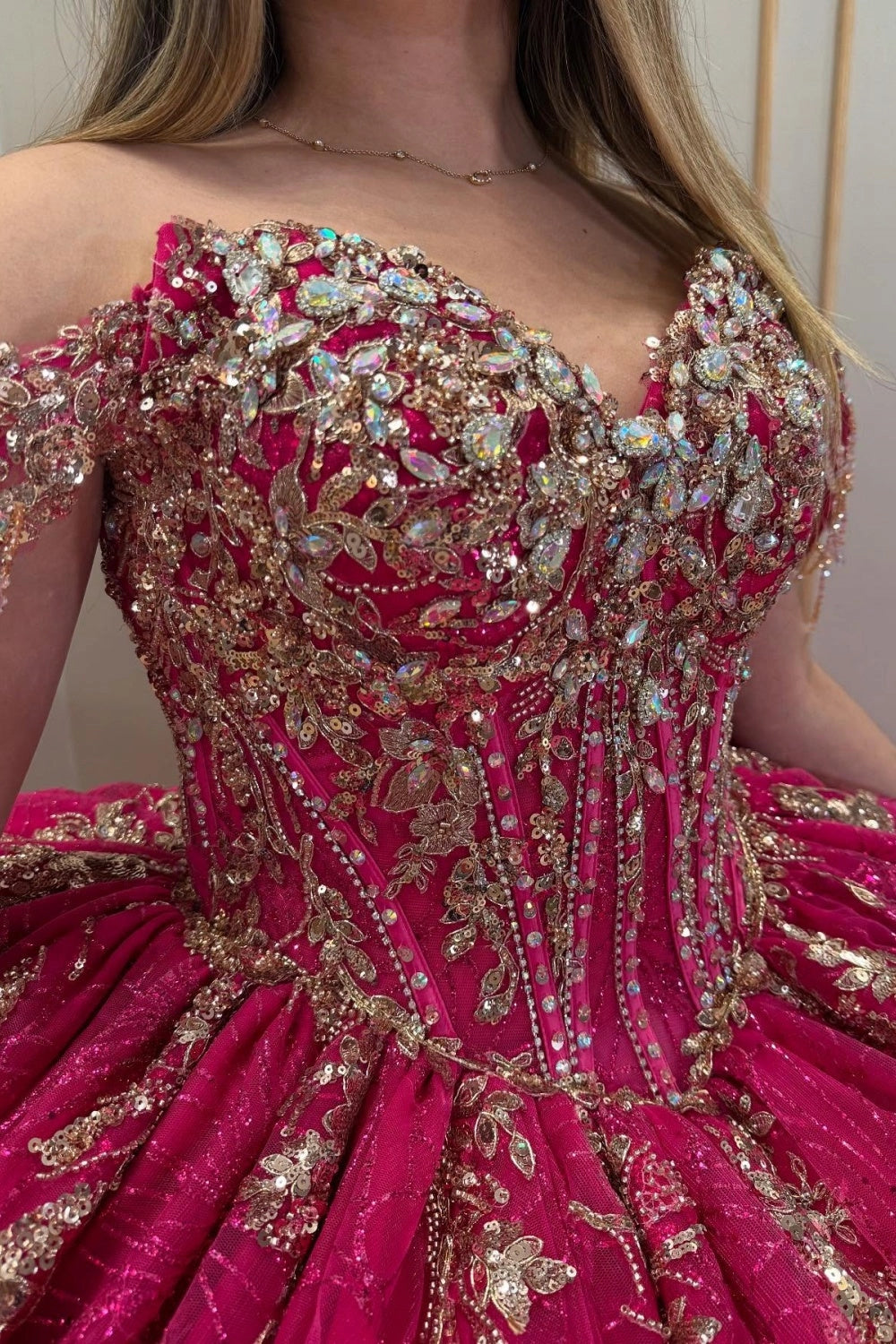 Glitter Ballgown Off‑The‑Shoulder Corset‑Back Big‑Bow Floor‑Train‑Length Quinceanera Dress