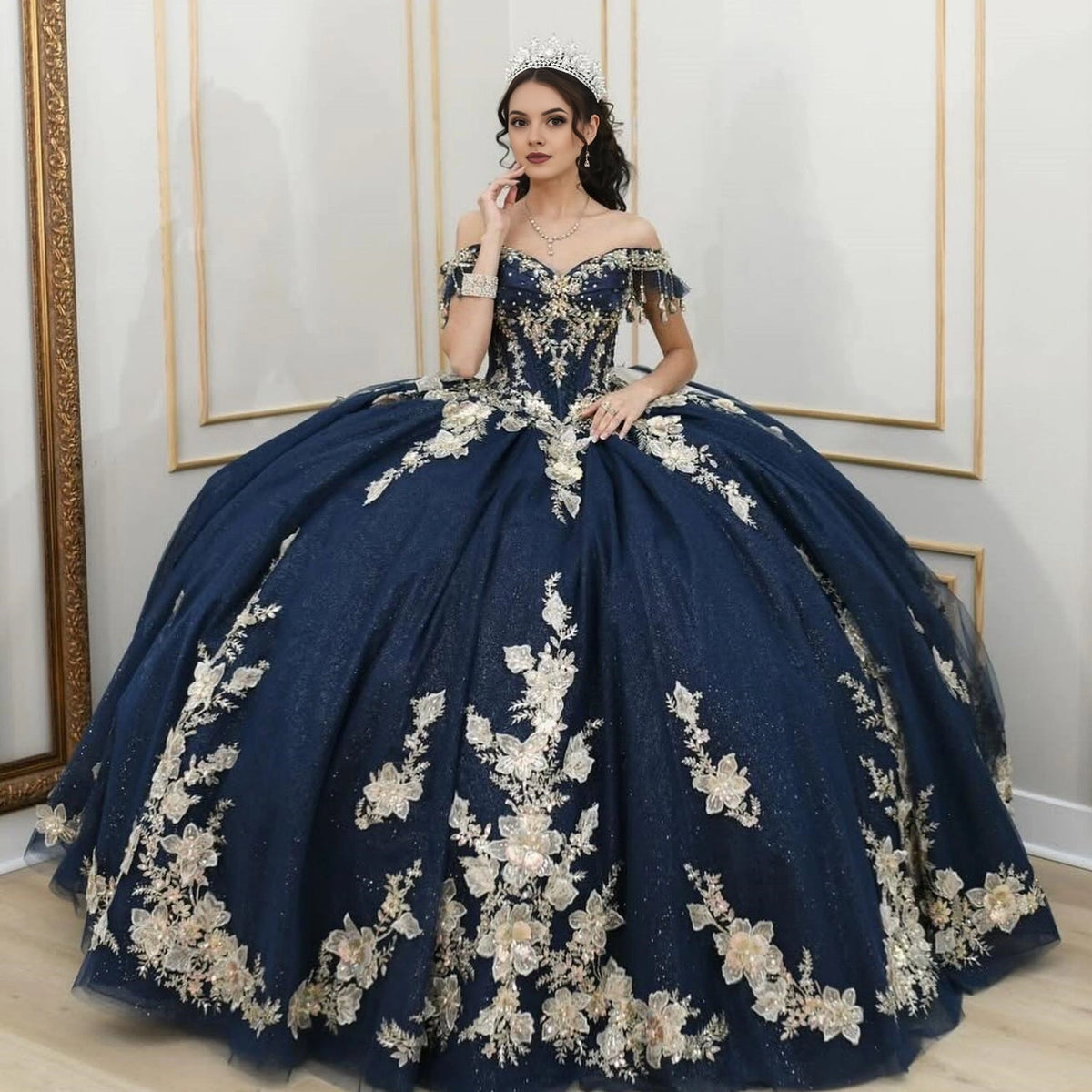 Luxury Ball Gown Off Shoulder Short Sleeve Lace‑Up Back Sweep Train Quinceanera Dress