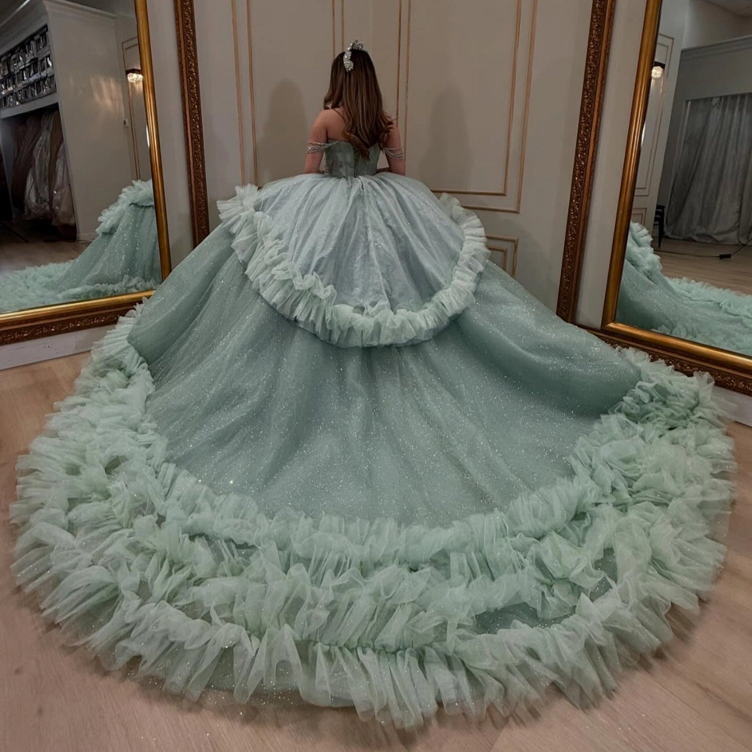 Vedress mint green ruffled long train quinceanera dress corset back view glitter tulle