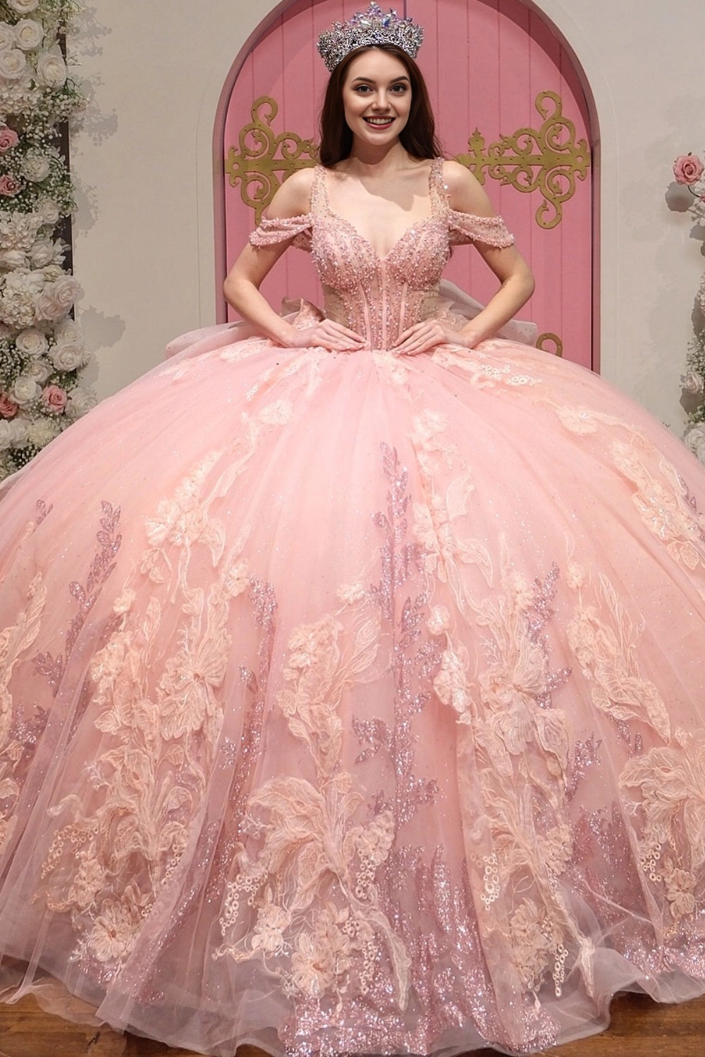 Peach Pink Ball Gown Off‑Shoulder Sweetheart Corset Back Layered Long Train Quinceanera Dress