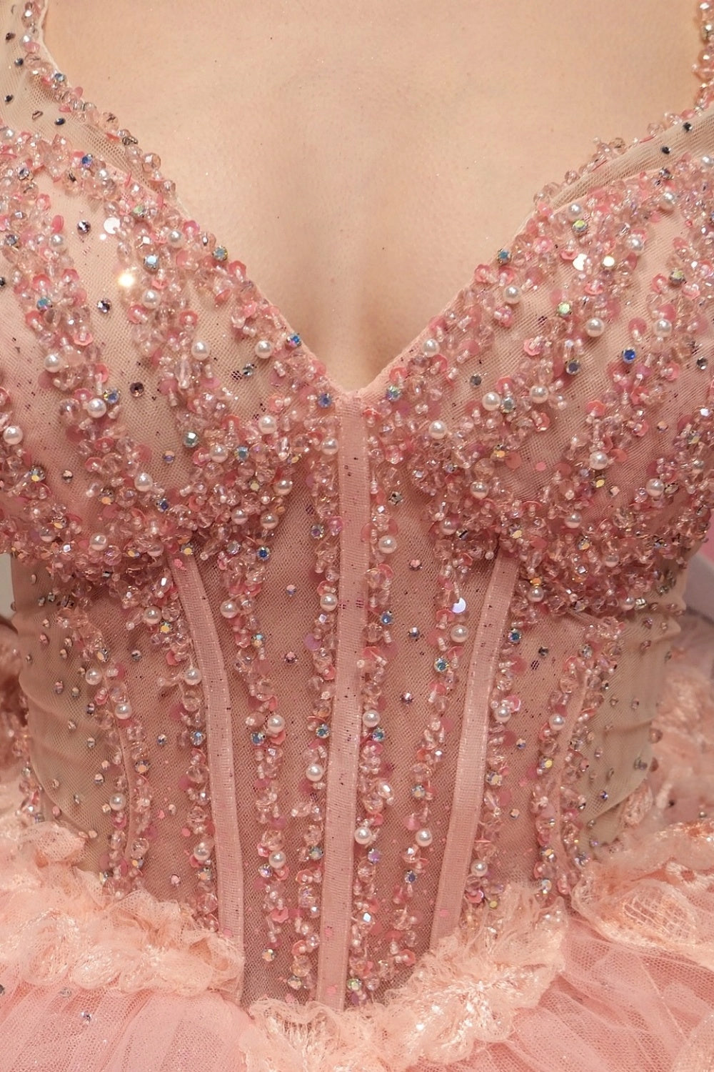 Peach Pink Ball Gown Off‑Shoulder Sweetheart Corset Back Layered Long Train Quinceanera Dress
