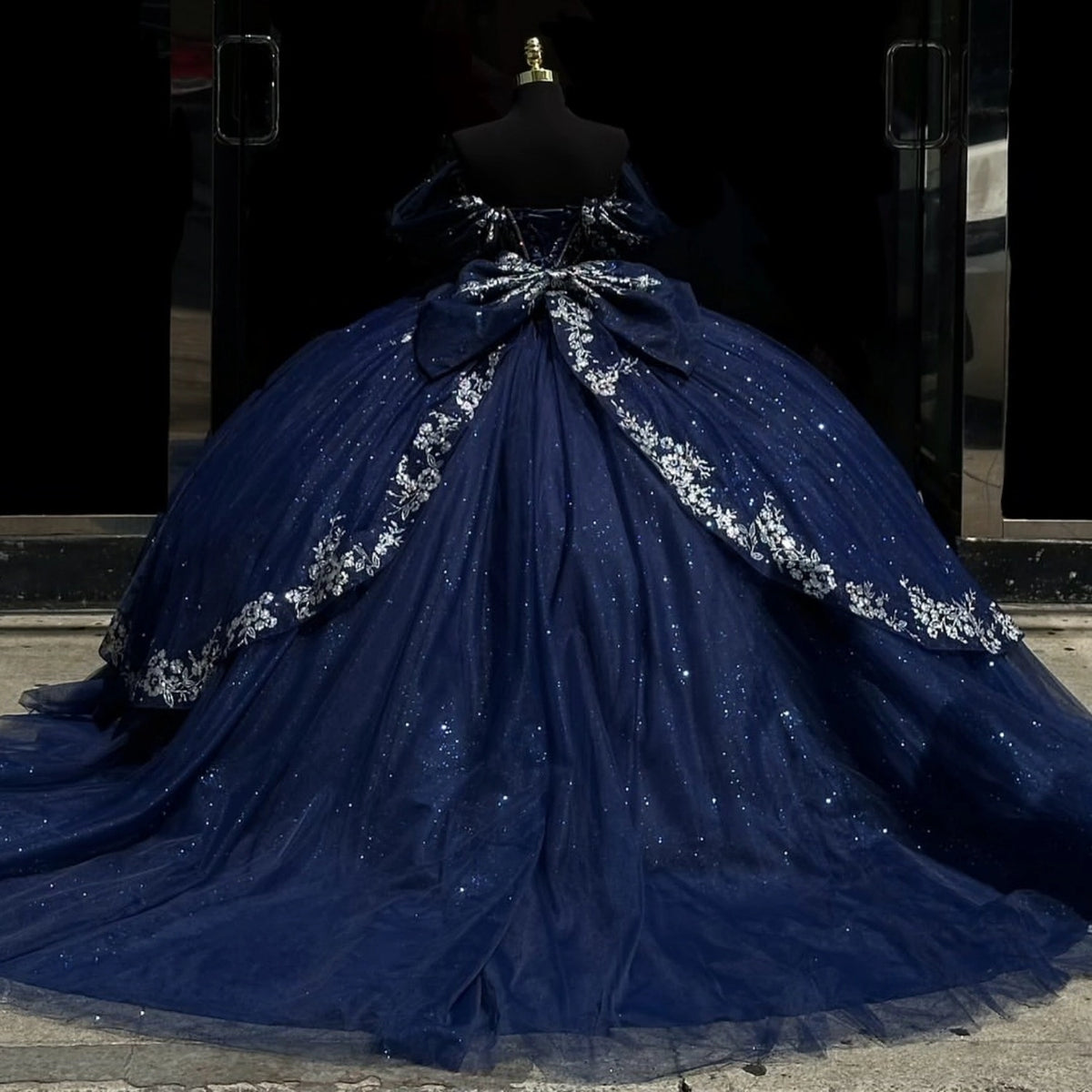 Vedress navy blue quinceanera ball gown lace‑up corset back large bow long train dress back view