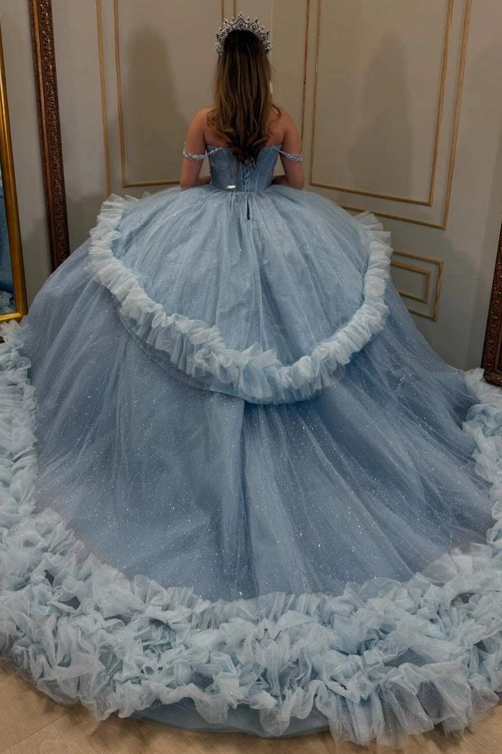 Ball Gown Off‑Shoulder Beaded Strap Corset Back Long Train Quinceanera Dress