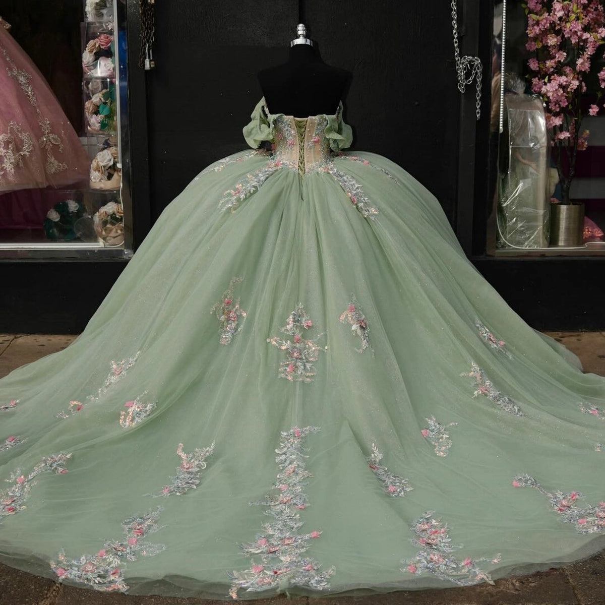 Vedress sage green ball gown quince dress lace‑up corset back puff sleeve long train 3d flower embroidery back view