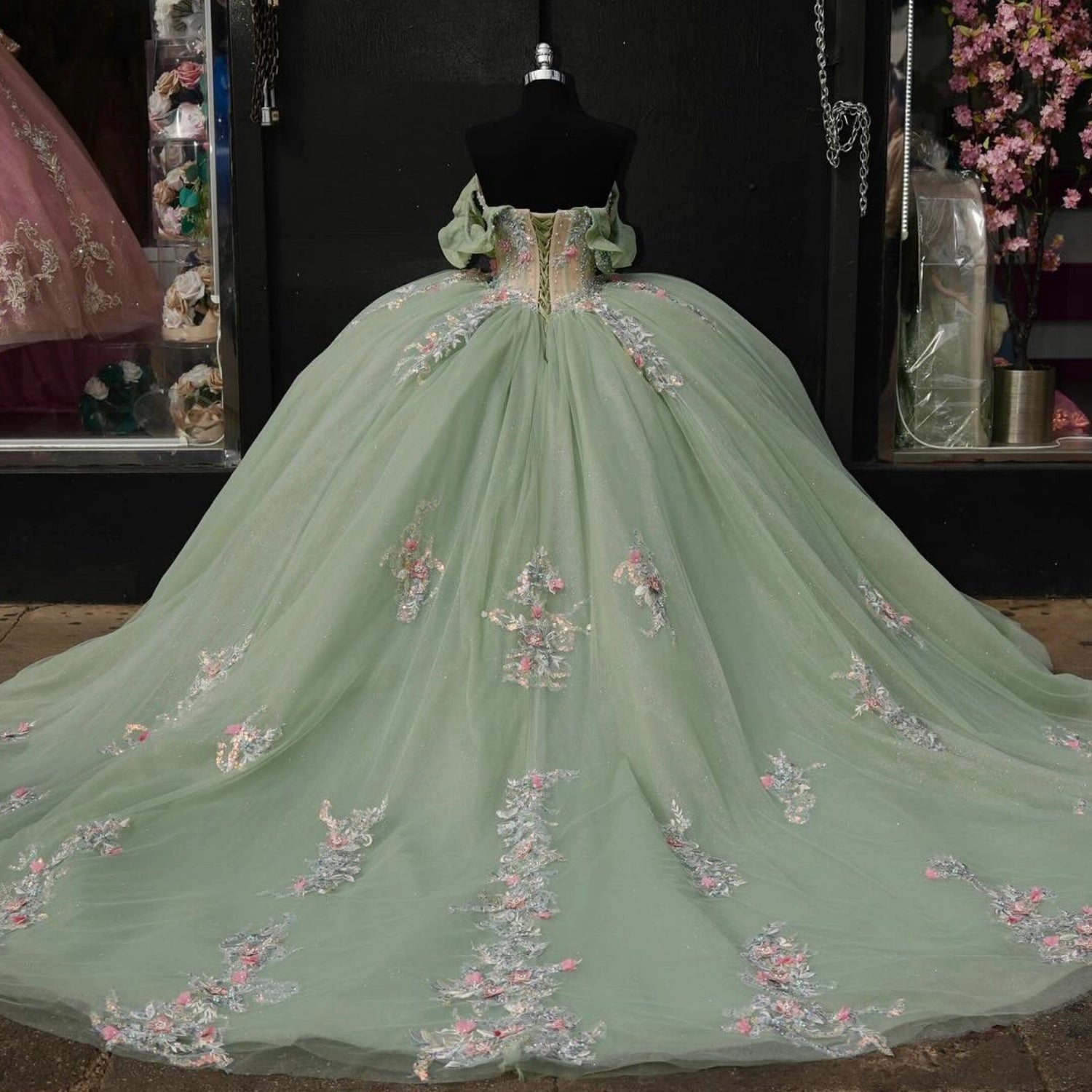 Vedress sage green ball gown quince dress lace‑up corset back puff sleeve long train 3d flower embroidery back view