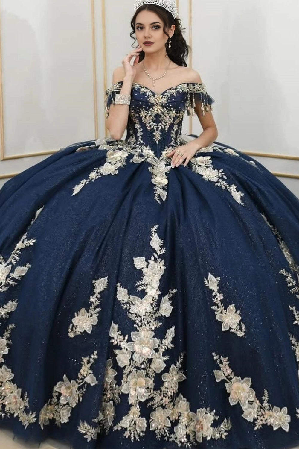 Luxury Ball Gown Off Shoulder Short Sleeve Lace‑Up Back Sweep Train Quinceanera Dress
