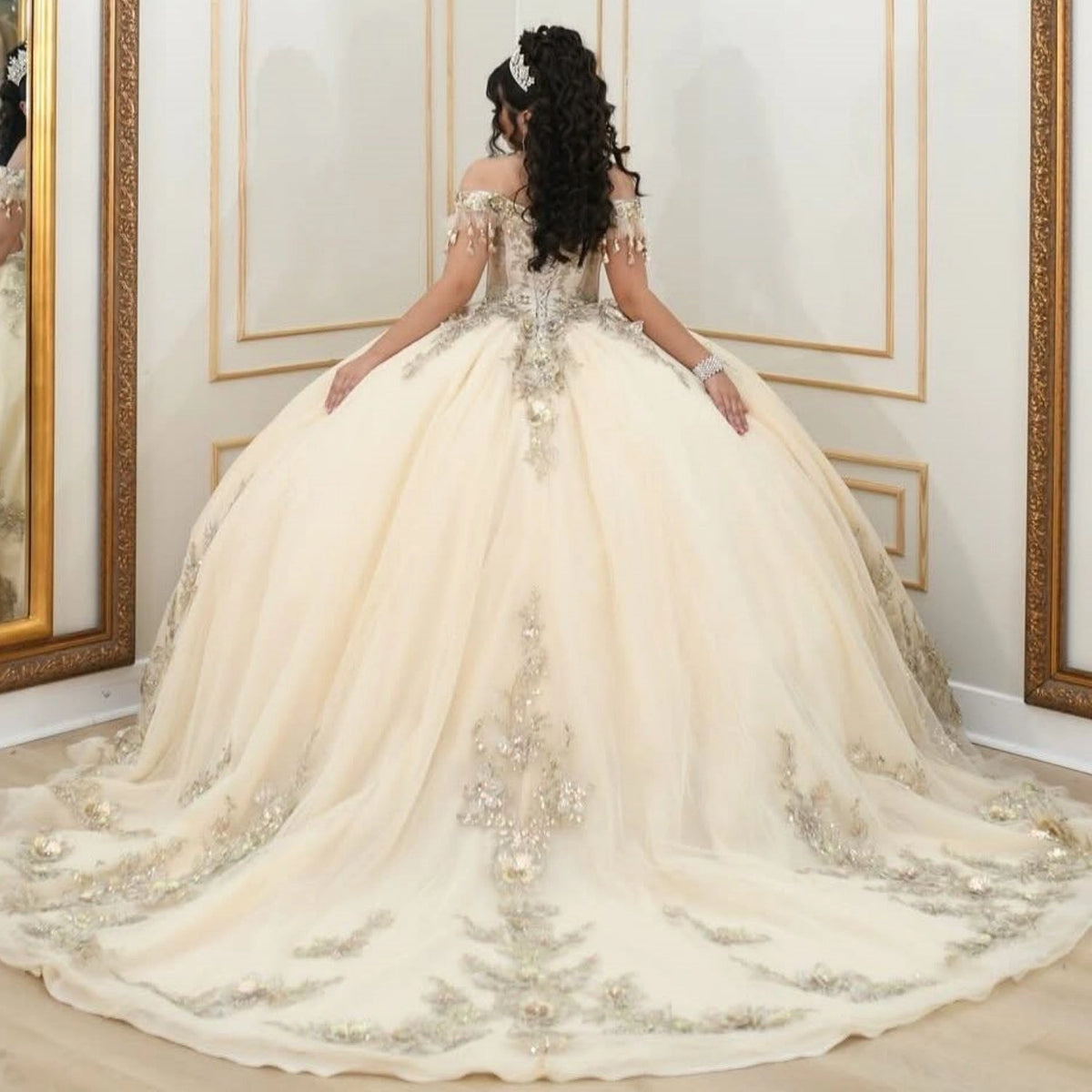 Vedress champagne quinceanera dress lace‑up back cathedral long train silver lace appliques tulle ballgown back view