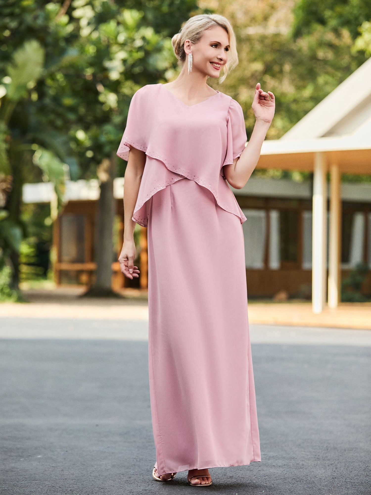 Blush Pink Chiffon Evening Gown Cape Overlay with Sparkling Trim V-Neck & Puffed Sleeves for Mother of the Bride