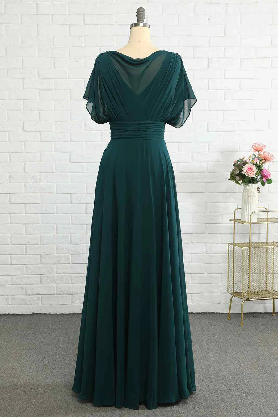 Draped Neckline Chiffon A-Line Floor-Length Evening Gown with Beaded Shoulder Accents