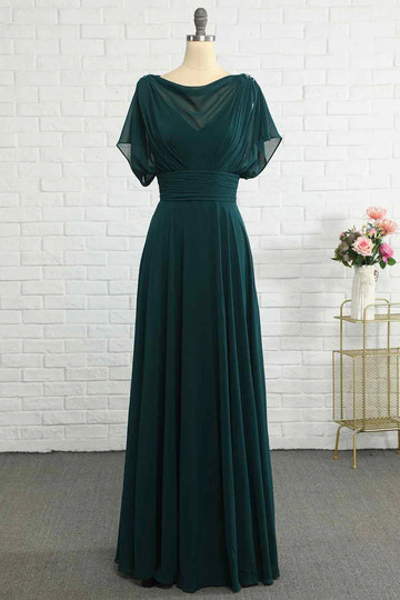 Draped Neckline Chiffon A-Line Floor-Length Evening Gown with Beaded Shoulder Accents