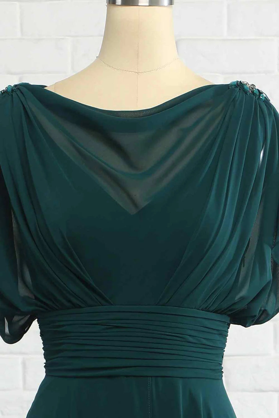 Draped Neckline Chiffon A-Line Floor-Length Evening Gown with Beaded Shoulder Accents