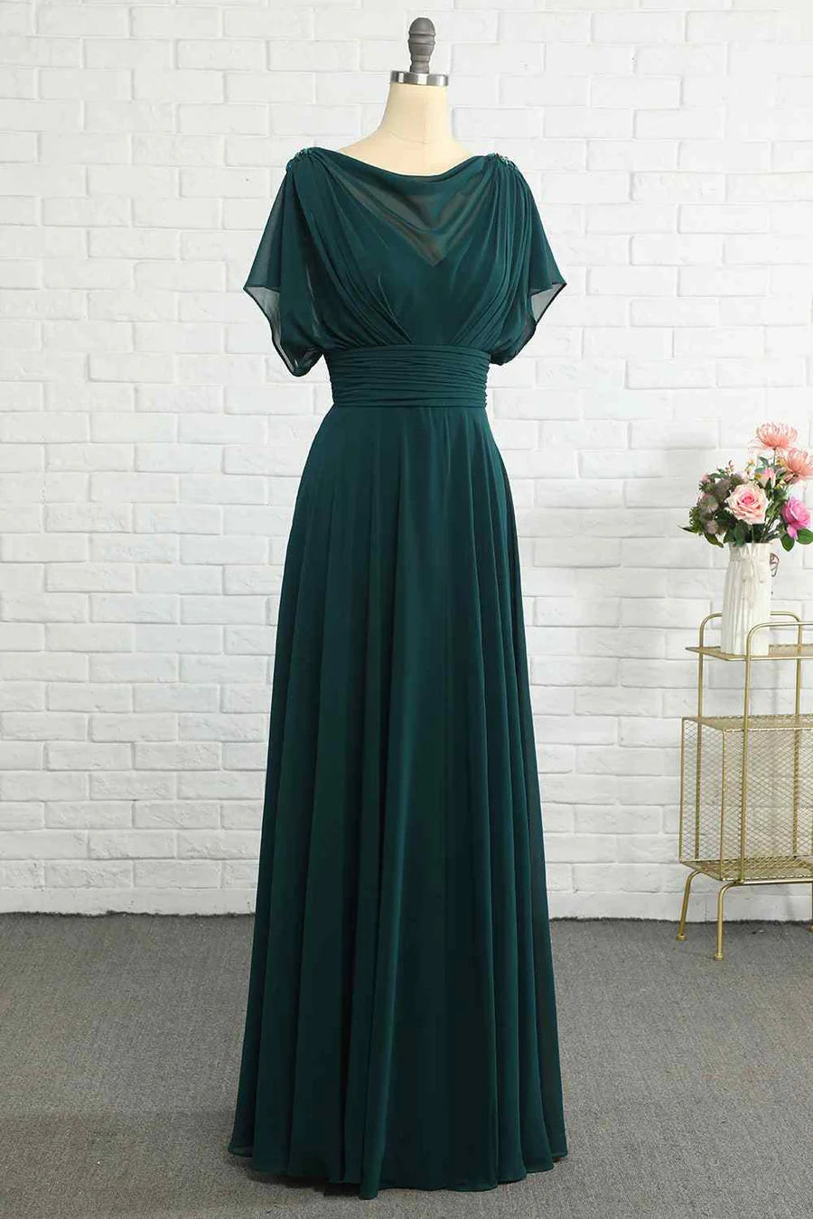 Draped Neckline Chiffon A-Line Floor-Length Evening Gown with Beaded Shoulder Accents