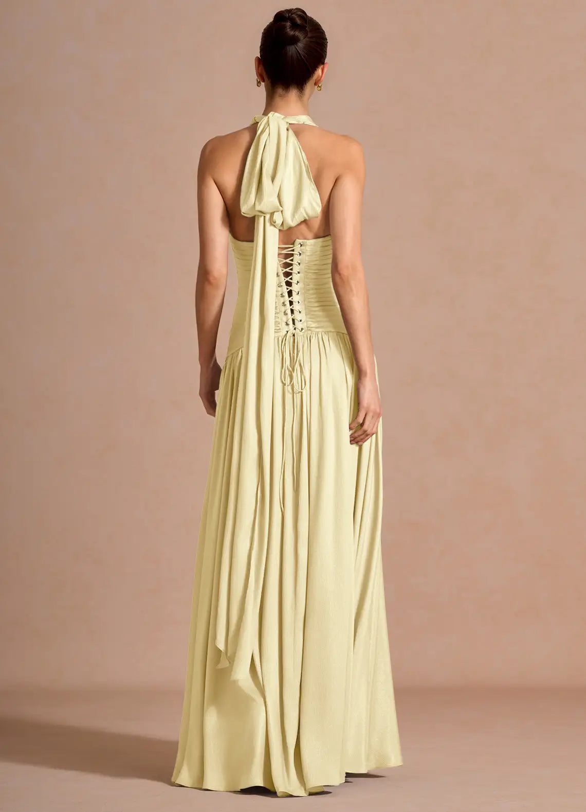 Elegant A-line Halter Sleeveless Maxi Lace-up Slit Formal Wedding Guest Dress