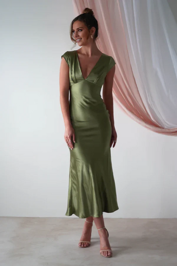 Satin Midi Bridesmaid Dress - V-Neck Cap Sleeve Open Back Formal Party Dress