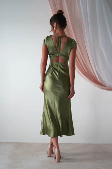Satin Midi Bridesmaid Dress - V-Neck Cap Sleeve Open Back Formal Party Dress