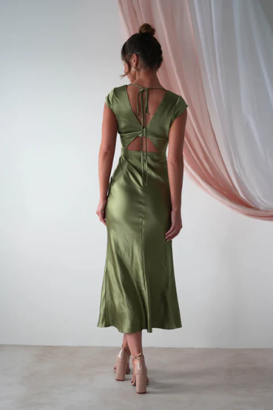 Satin Midi Bridesmaid Dress - V-Neck Cap Sleeve Open Back Formal Party Dress
