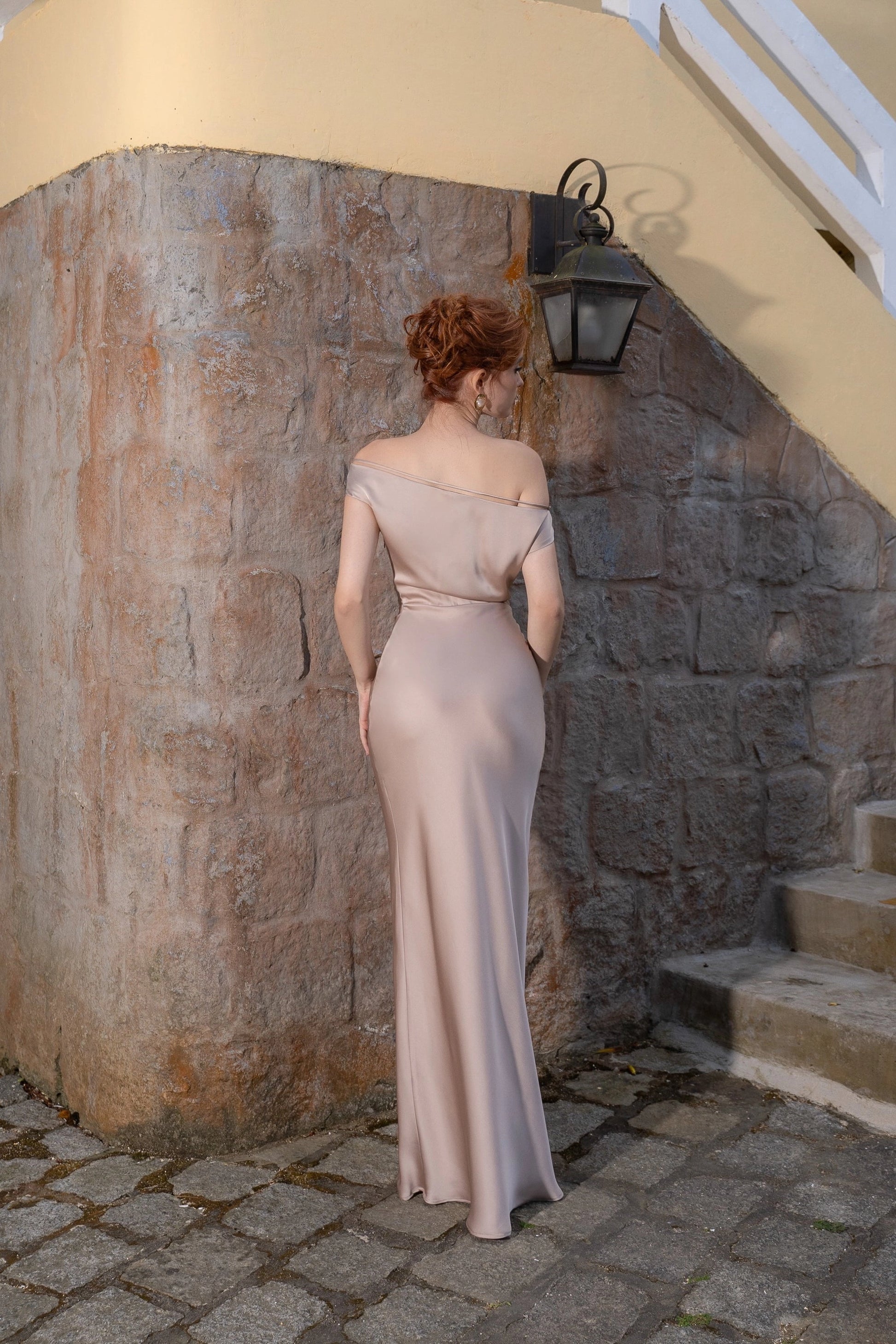 Satin Mermaid Off‑Shoulder Strap Short Sleeve Open‑Back Maxi Prom Dress