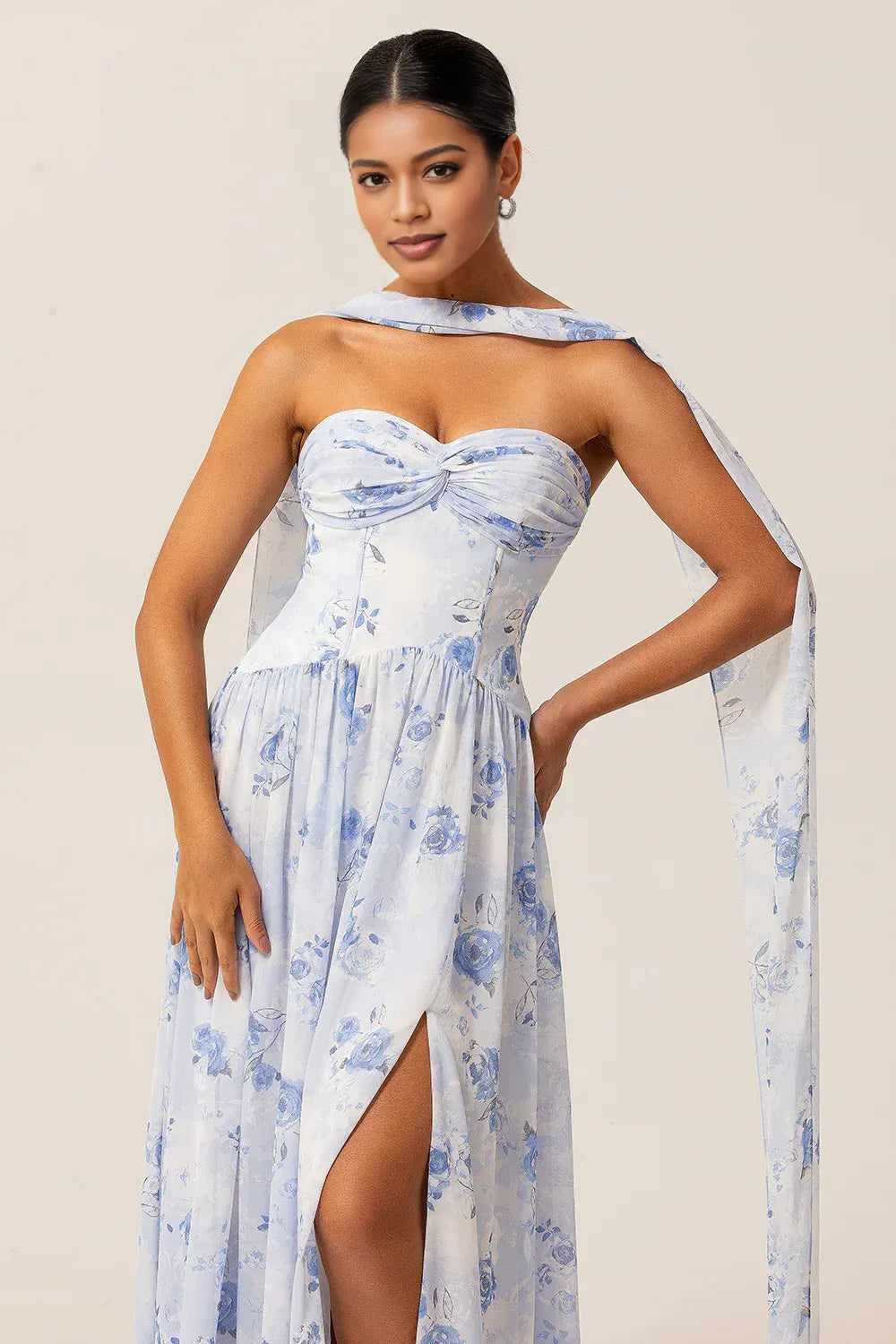A-Line Sweetheart Neck Floral Sleeveless Floor Length Bridesmaids Dress With Scarf