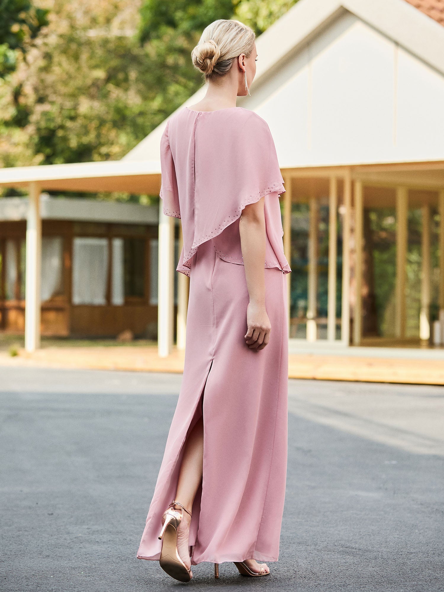 Blush Pink Chiffon Evening Gown Cape Overlay with Sparkling Trim V-Neck & Puffed Sleeves for Mother of the Bride