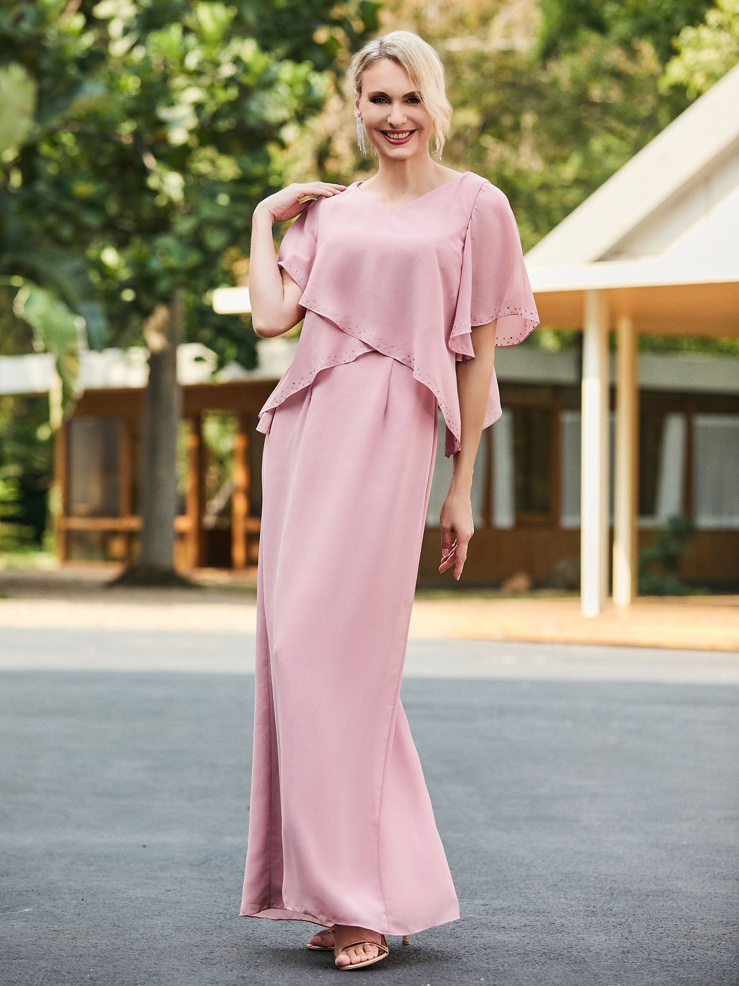 Blush Pink Chiffon Evening Gown Cape Overlay with Sparkling Trim V-Neck & Puffed Sleeves for Mother of the Bride