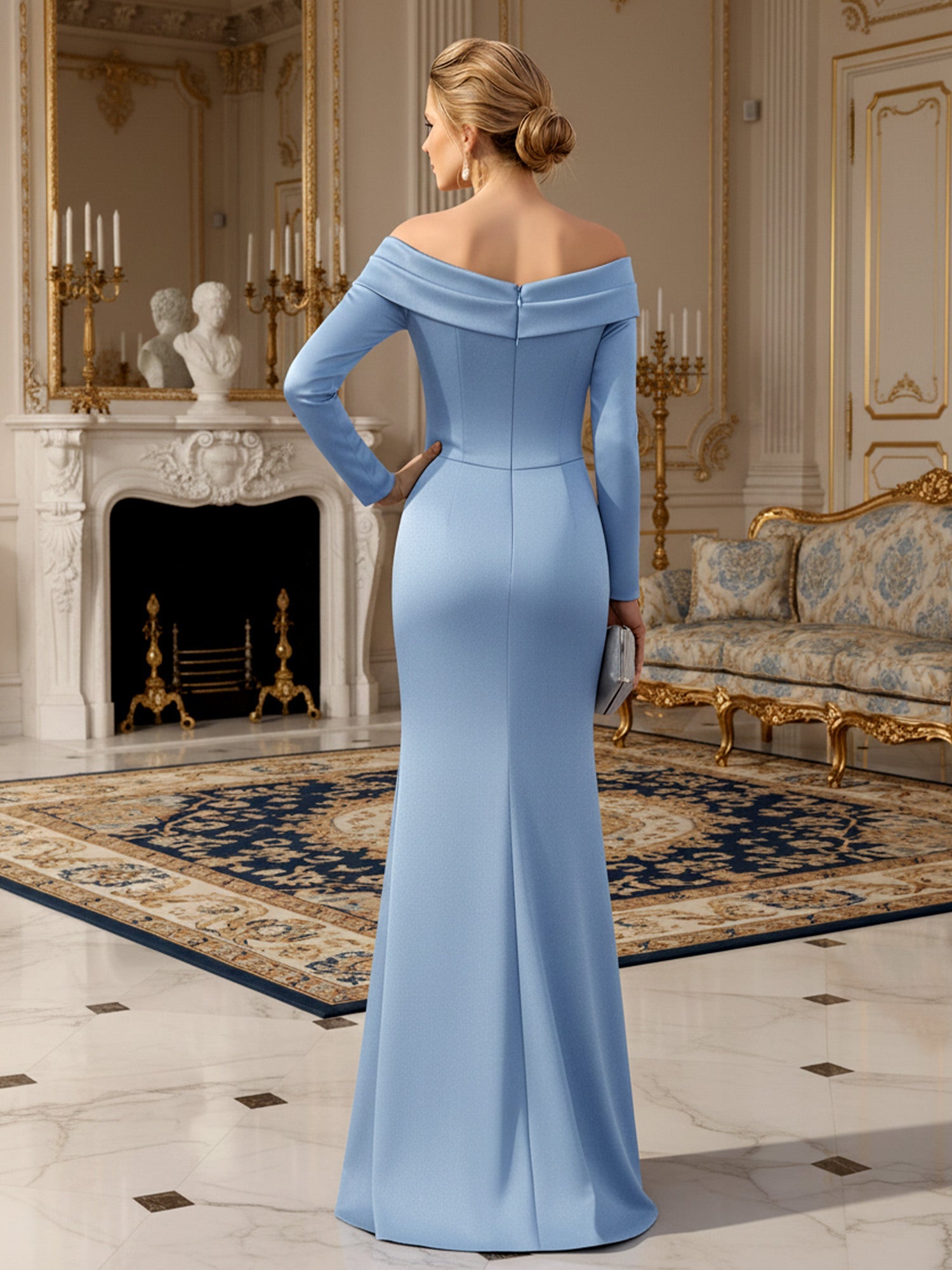 Sky Blue Off-the-Shoulder Formal Evening Gown Ruched Bodice Long Sleeves & Mermaid Silhouette for Mother of the Bride