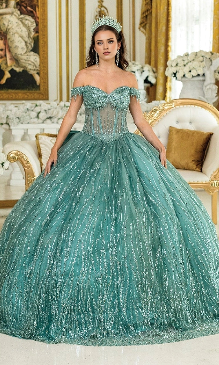 Glamorous Ball Gown Off‑The‑Shoulder Short Sleeve Corset Back Floor Length Sequined Quinceanera Dress