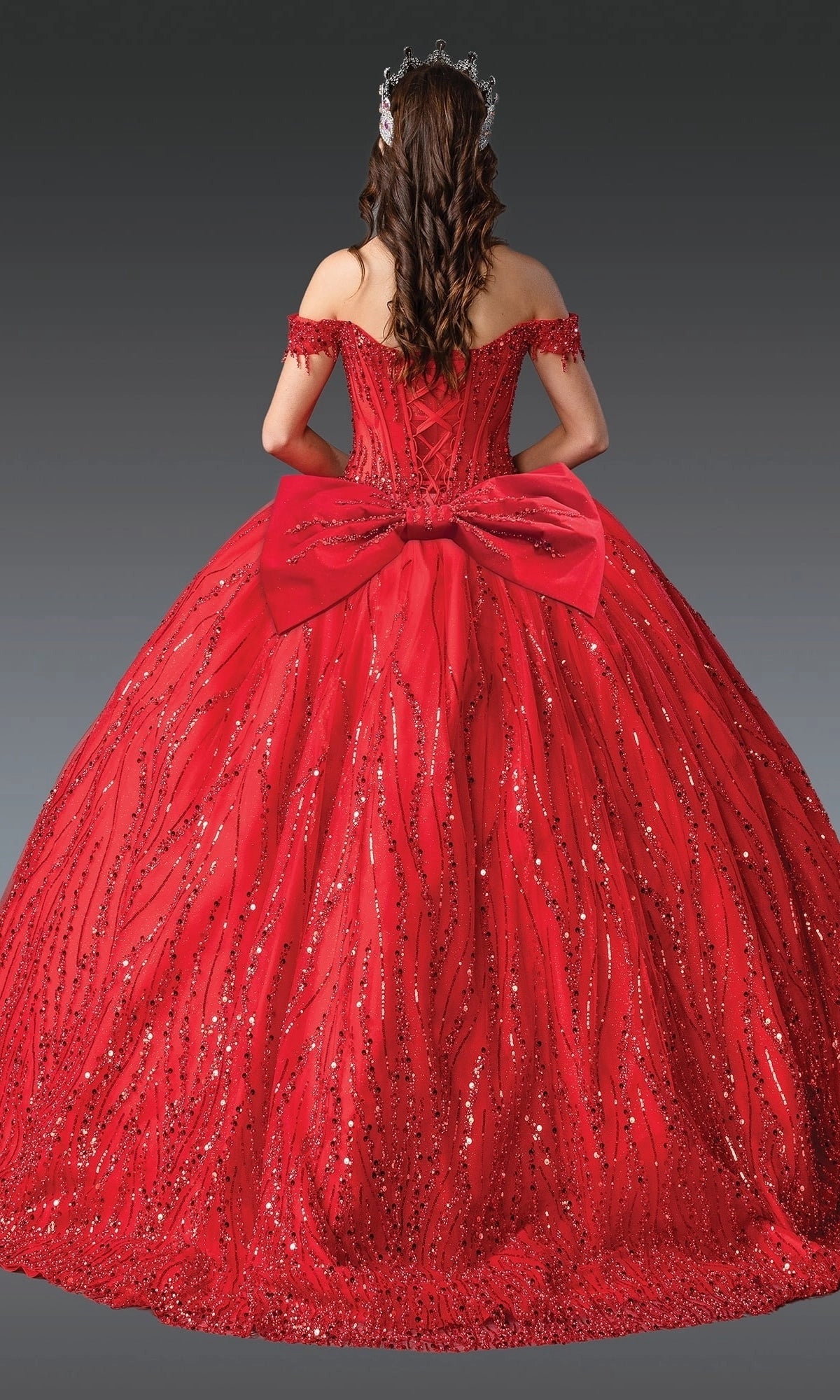 Vedress red sparkly corset‑back quinceanera dress with large bow back view