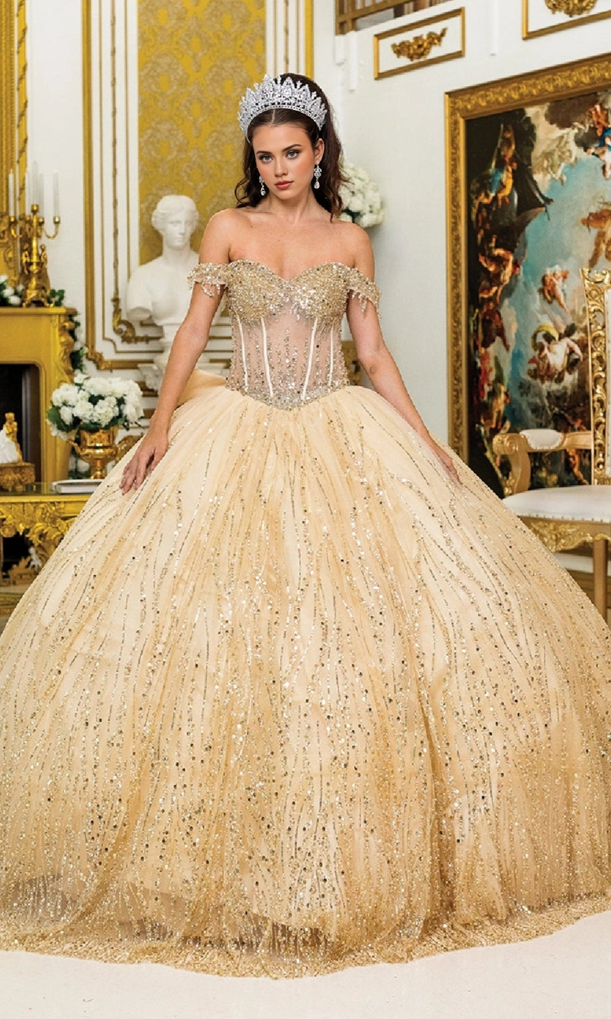 Glamorous Ball Gown Off‑The‑Shoulder Short Sleeve Corset Back Floor Length Sequined Quinceanera Dress