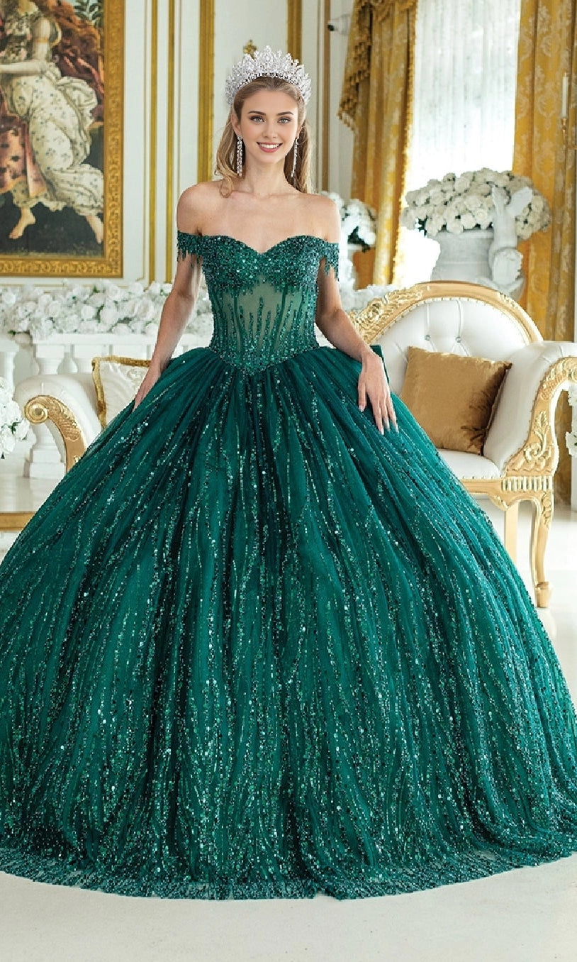 Glamorous Ball Gown Off‑The‑Shoulder Short Sleeve Corset Back Floor Length Sequined Quinceanera Dress