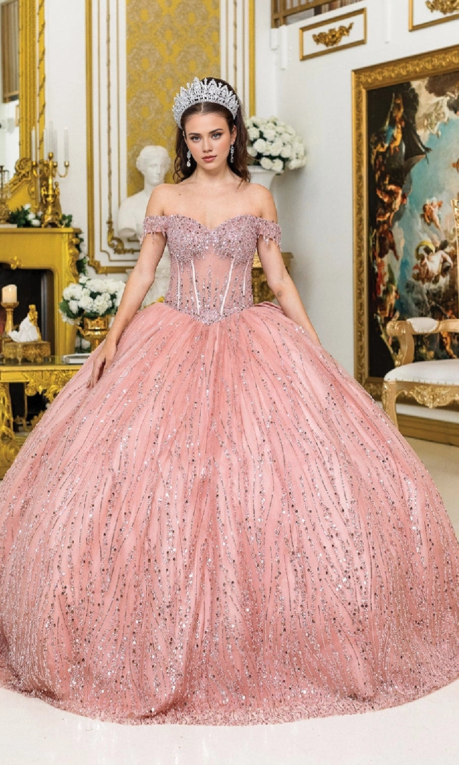 Glamorous Ball Gown Off‑The‑Shoulder Short Sleeve Corset Back Floor Length Sequined Quinceanera Dress