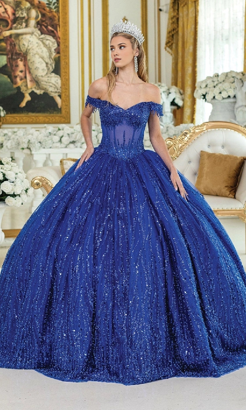 Glamorous Ball Gown Off‑The‑Shoulder Short Sleeve Corset Back Floor Length Sequined Quinceanera Dress