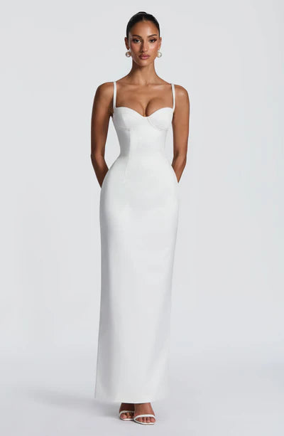 Spaghetti Straps Maxi Dress with Lace-Up Back & Back Slit Satin Bodycon Gown for Weddings