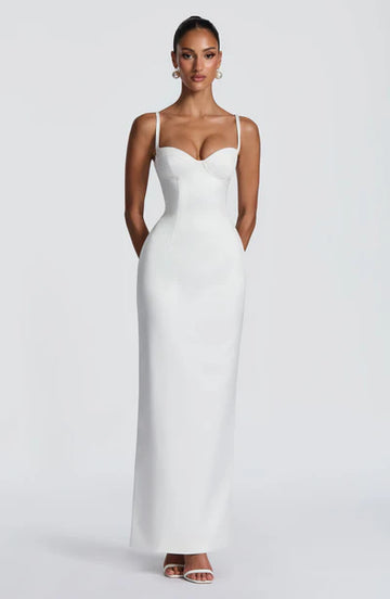 Spaghetti Straps Maxi Dress with Lace-Up Back & Back Slit Satin Bodycon Gown for Weddings