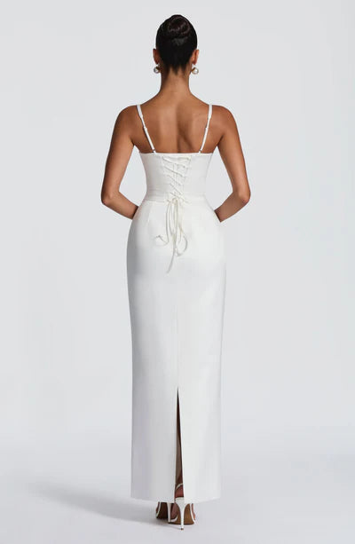 Spaghetti Straps Maxi Dress with Lace-Up Back & Back Slit Satin Bodycon Gown for Weddings