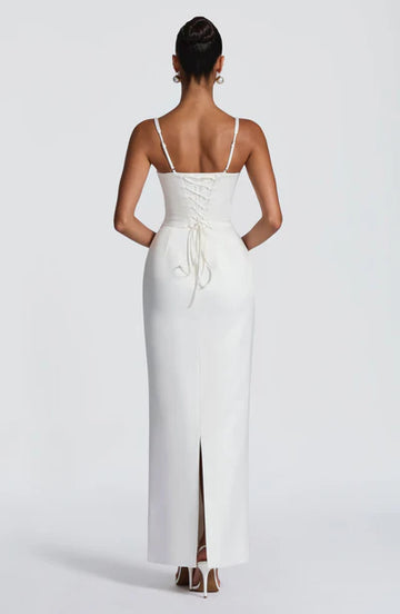 Spaghetti Straps Maxi Dress with Lace-Up Back & Back Slit Satin Bodycon Gown for Weddings