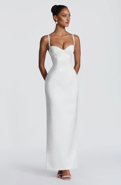 Spaghetti Straps Maxi Dress with Lace-Up Back & Back Slit Satin Bodycon Gown for Weddings