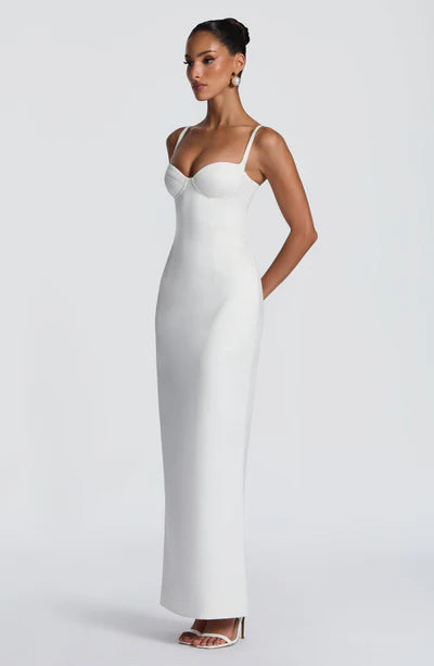 Spaghetti Straps Maxi Dress with Lace-Up Back & Back Slit Satin Bodycon Gown for Weddings