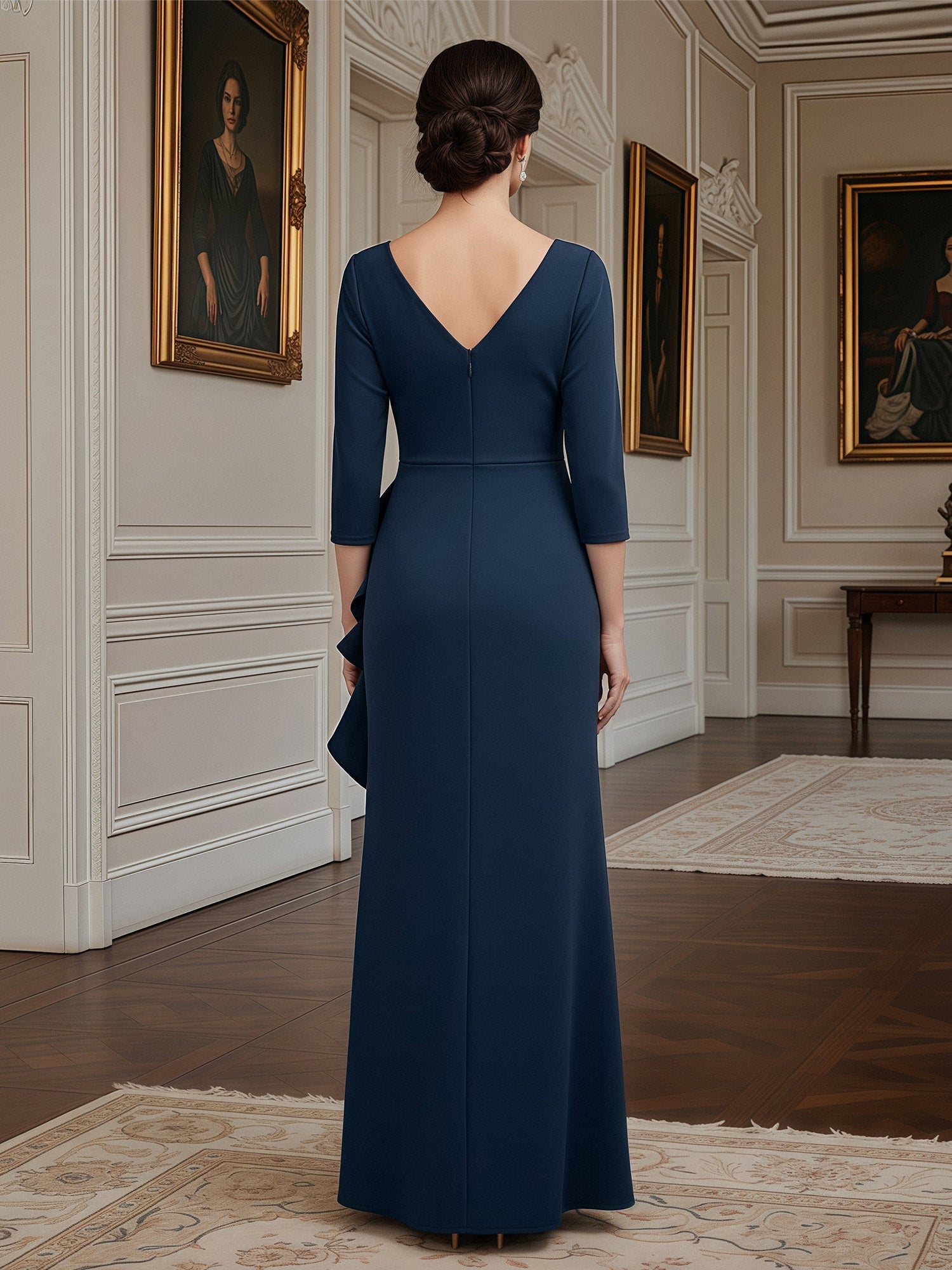 Navy Blue V-Neck 3/4 Sleeve Formal Gown Ruched Side Ruffle Embellished Brooch Floor-Length Sheath Dress for Mother of the Bride