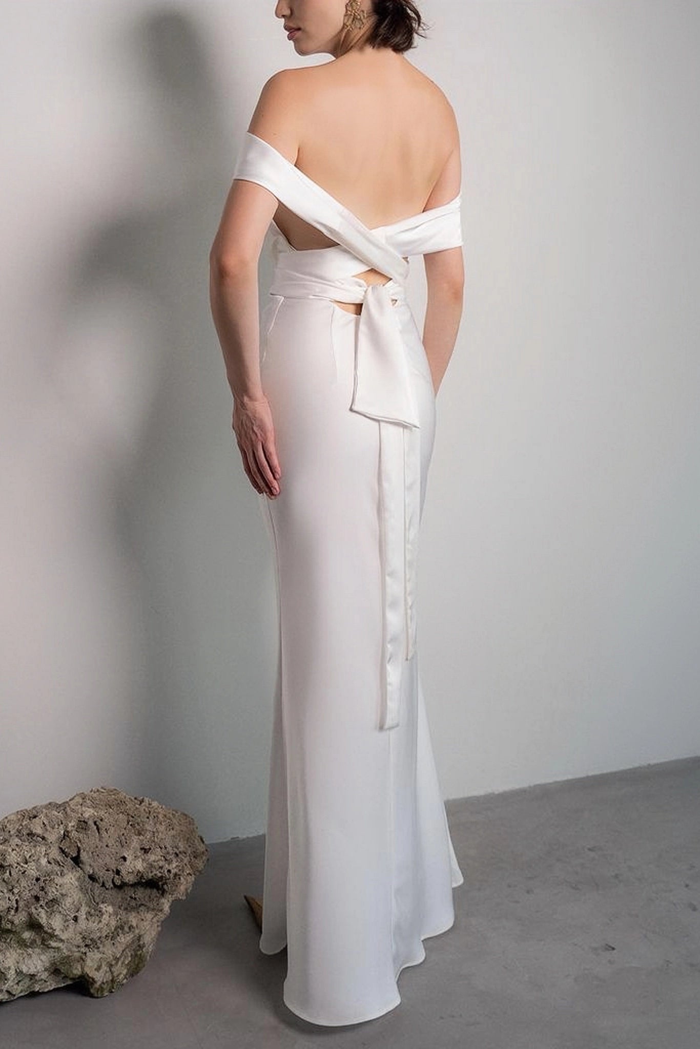 Satin Mermaid Off‑Shoulder Convertible Cross‑Tie‑Back Maxi Prom Dress