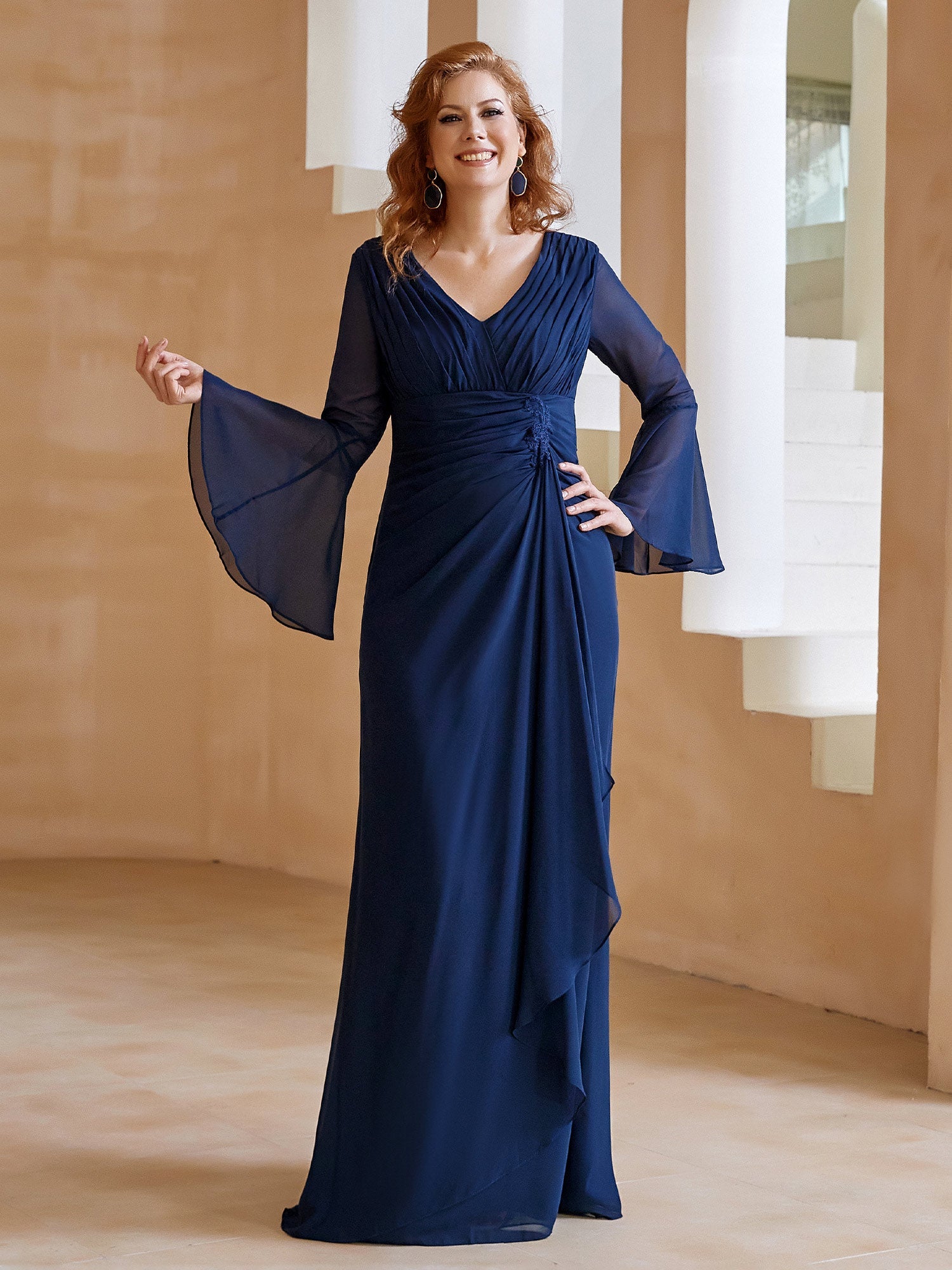 Navy Blue V-Neck Formal Gown Bell Sleeve Chiffon Dress with Ruched Waist & Side Ruffle for Mother of the Bride