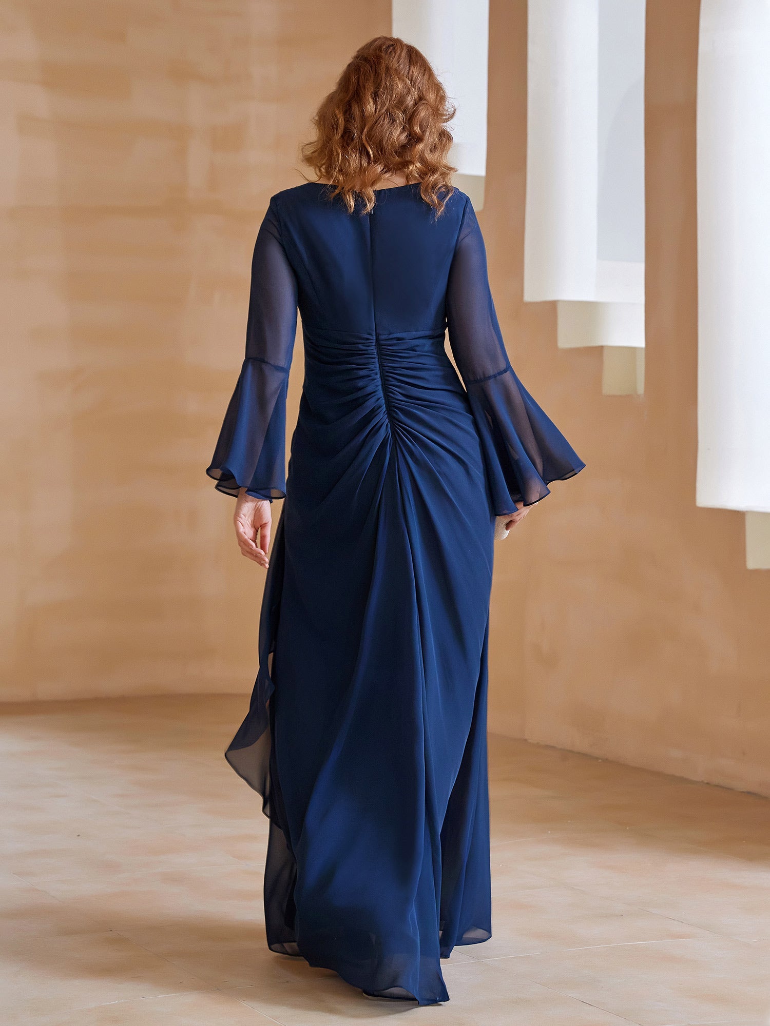 Navy Blue V-Neck Formal Gown Bell Sleeve Chiffon Dress with Ruched Waist & Side Ruffle for Mother of the Bride