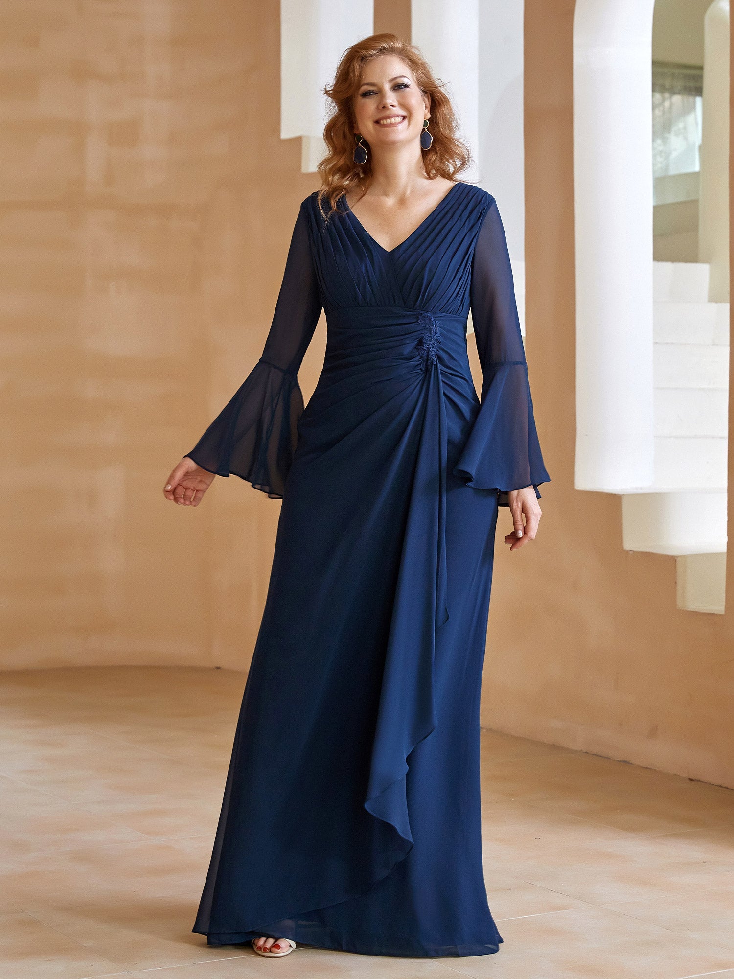 Navy Blue V-Neck Formal Gown Bell Sleeve Chiffon Dress with Ruched Waist & Side Ruffle for Mother of the Bride