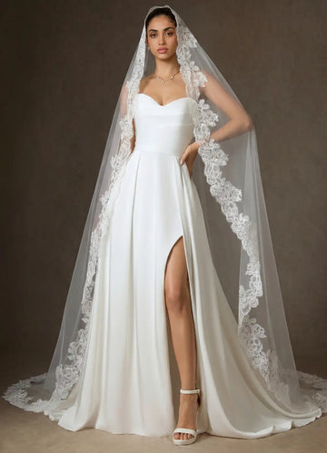 Dramatic Sheer Tulle Floral Lace Border Cathedral Bridal Wedding Veil