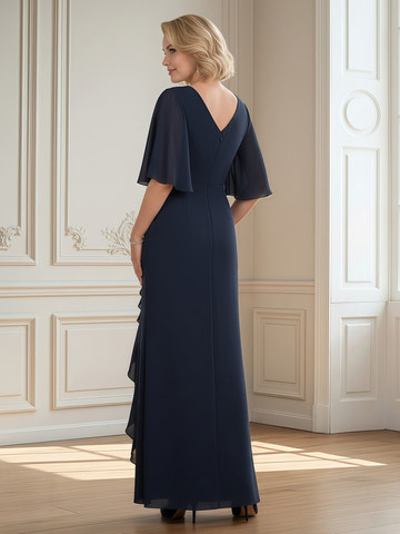 Elegant Navy Blue Chiffon Mother of the Bride Dress V-Neck Flutter Sleeves, Ruffle Split Floor-Length Gown